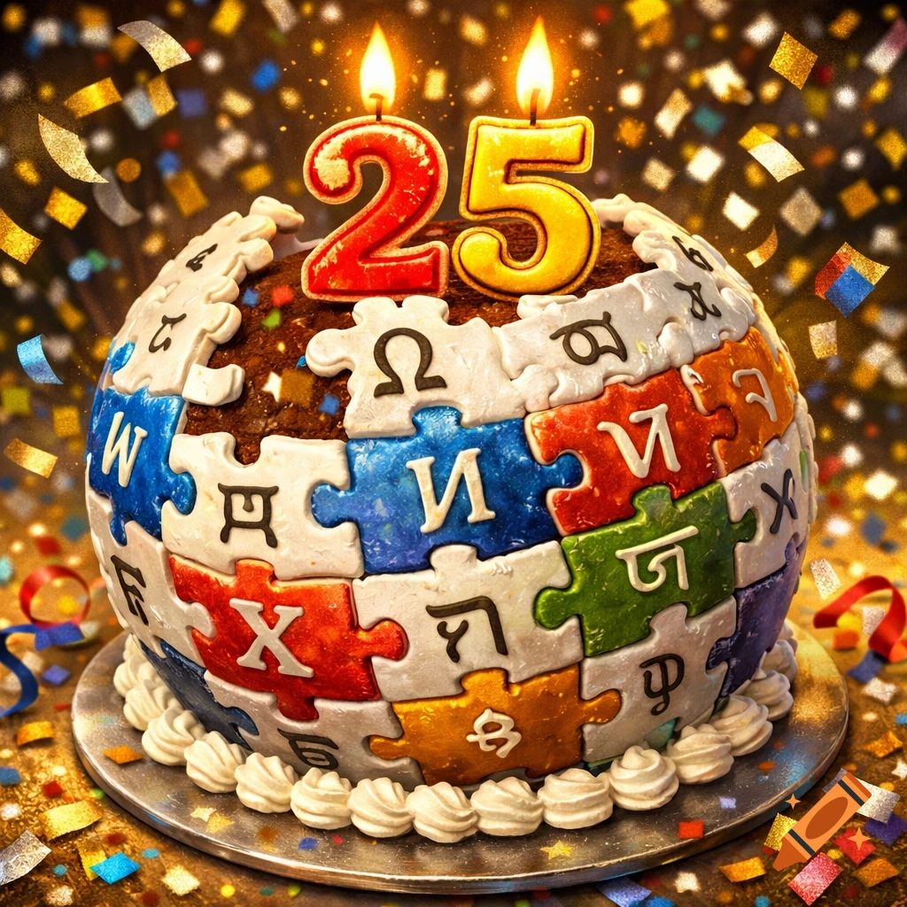 A birthday cake shaped like the Wikipedia globe logo, with "25" candles and confetti falling around it.