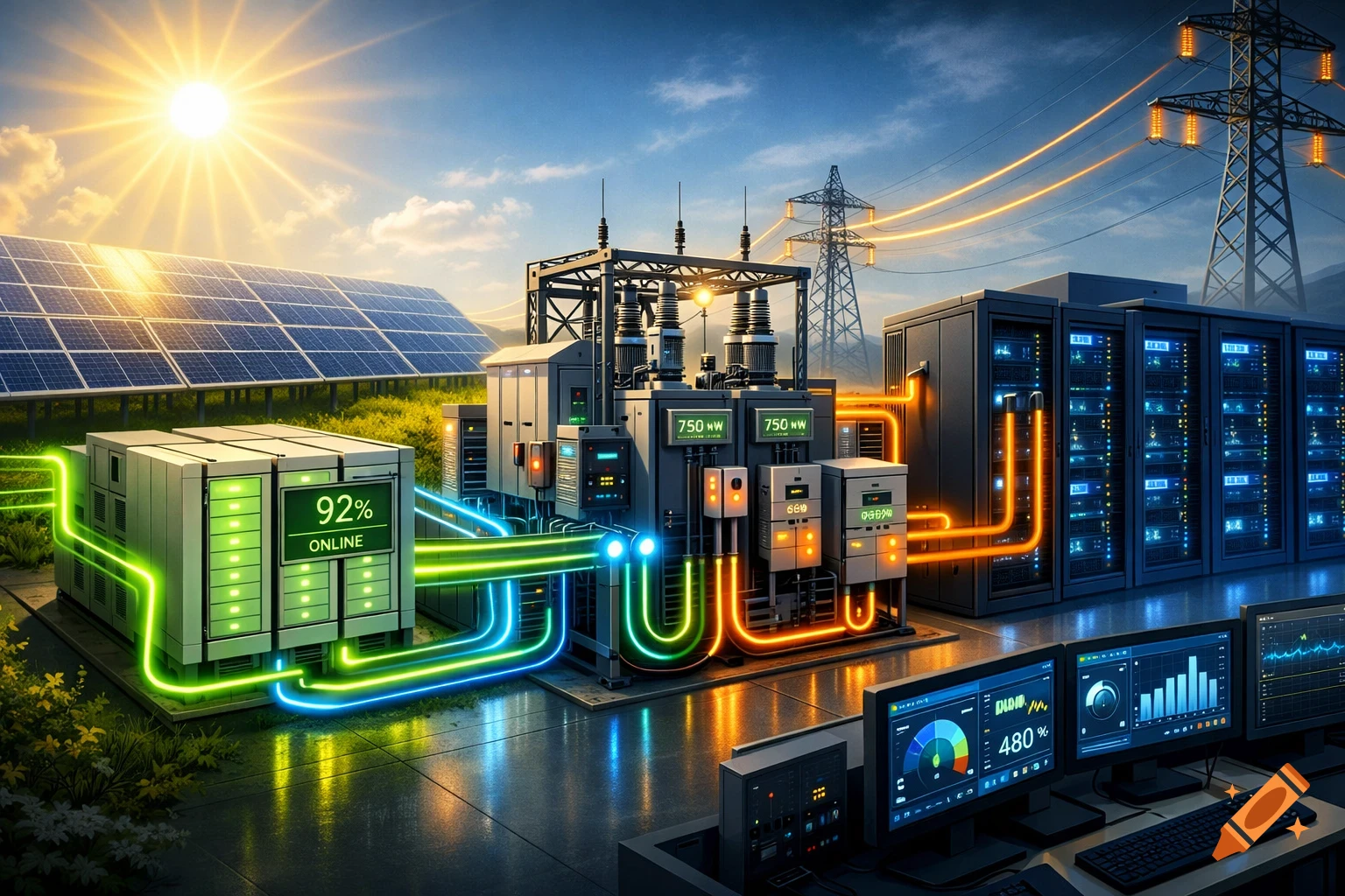 A modern data center powered by solar panels and battery storage, connected to the power grid. Neon green and orange energy flows illuminate the scene.