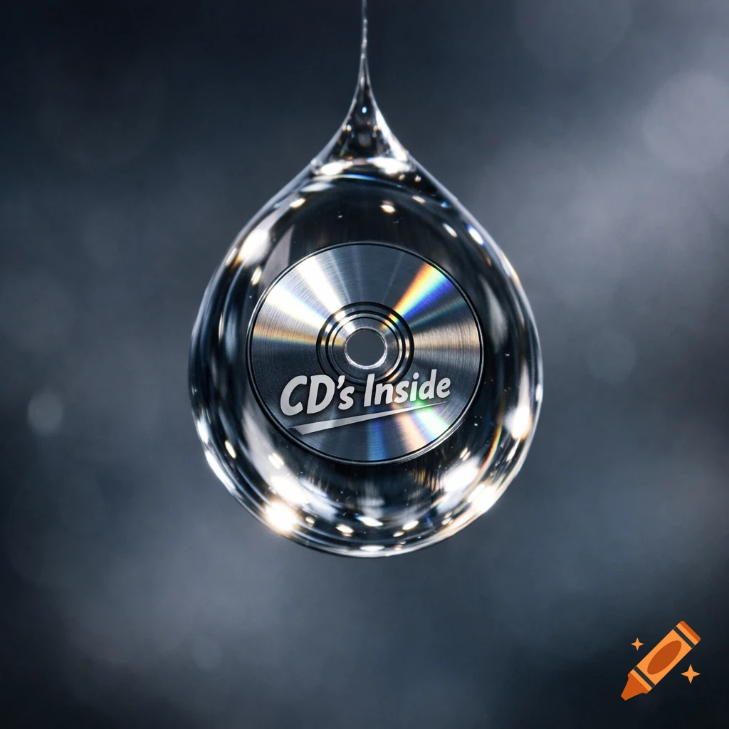 A detailed photorealistic close-up of a clear water drop containing a reflective CD with "CD's Inside" written on it, against a dark, blurry background.