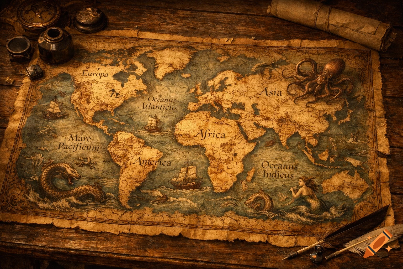An antique-style world map featuring continents, oceans with mythical creatures, ships, and old navigational tools on a wooden table.
