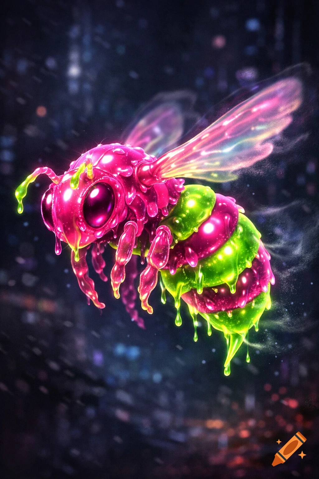 A vibrant, glowing pink and green slime bee drips goo against a dark, sparkling background.