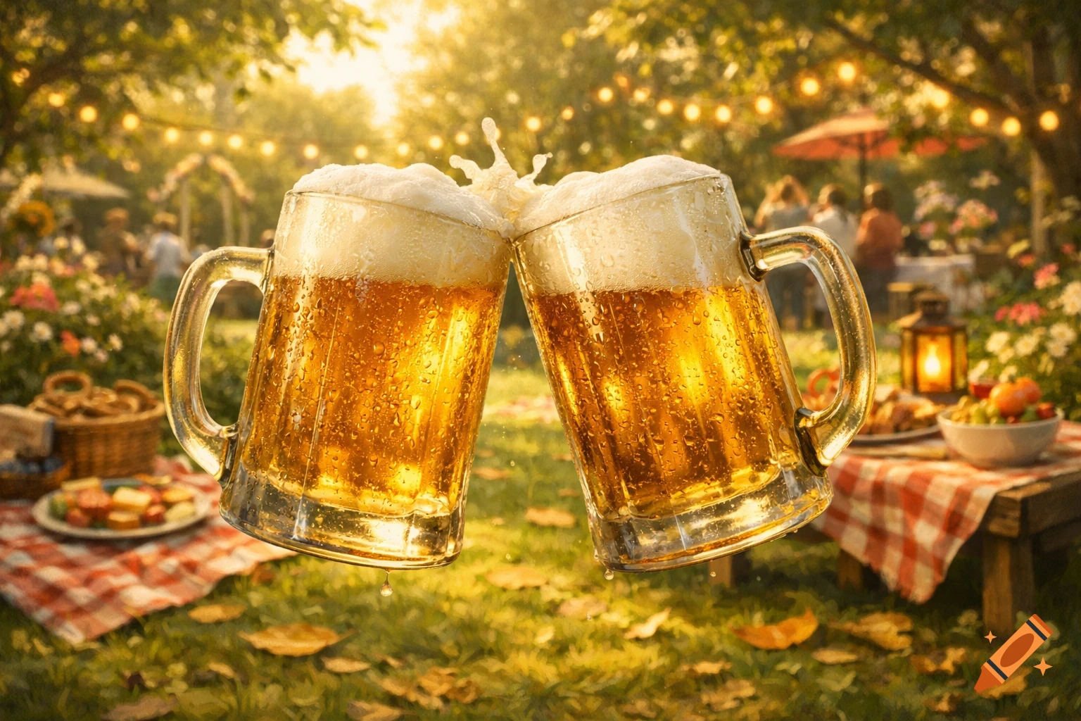 Two frothy beer mugs clinking in a cheers, with foam splashing, set against a blurred sunny outdoor garden party background.