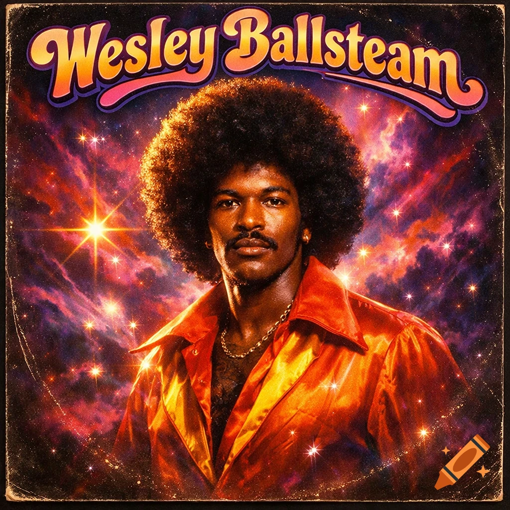 Vibrant 70s album cover featuring a Black man with an afro and mustache in a shiny orange shirt against a cosmic background, text reads 'Wesley Ballsteam'.