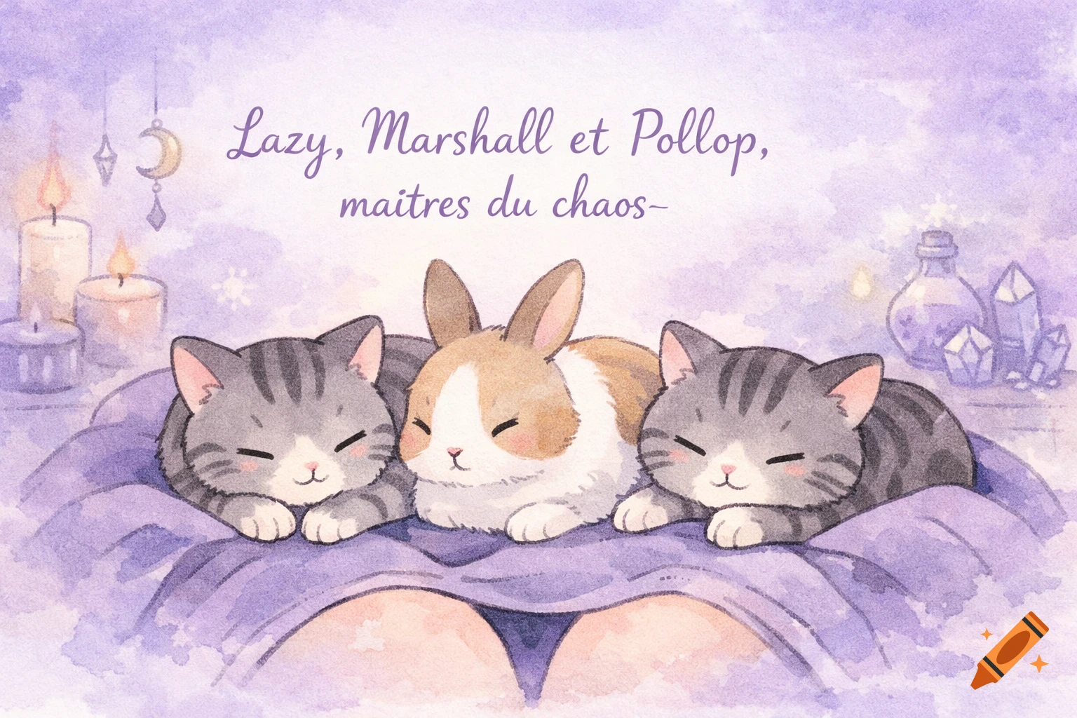 Watercolor illustration of two grey tabby cats and a brown-and-white rabbit sleeping on a person's lap, with candles and crystals. Text: "Lazy, Marshall et Pollop, ma itres du chaos~"