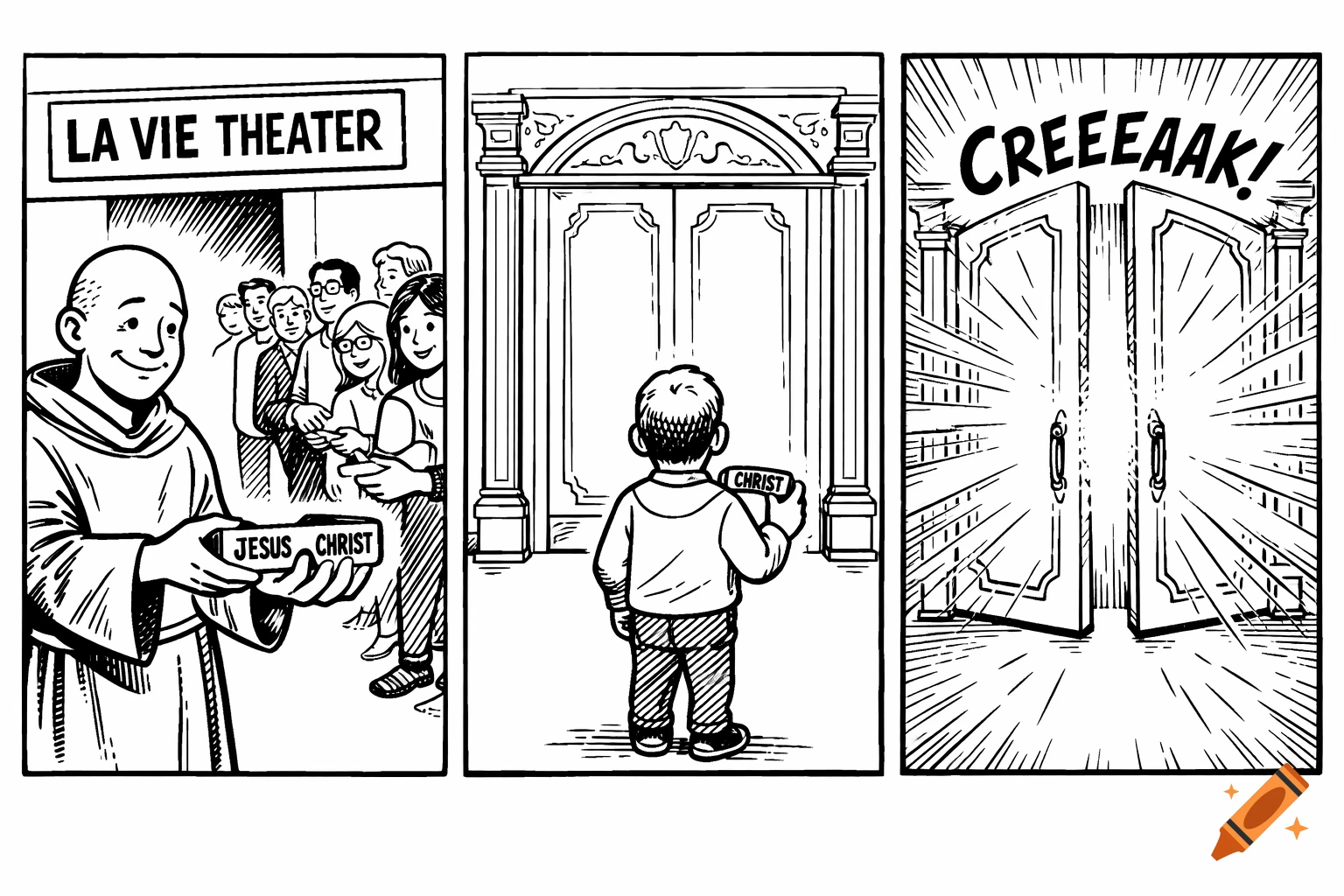 A three-panel black and white comic. First panel: A monk gives "JESUS CHRIST" glasses to a queue at "LA VIE THEATER." Second panel: A person approaches ornate doors with "CHRIST" on the handle. Third panel: The doors open with bright light and "CREEEAAK!" text.