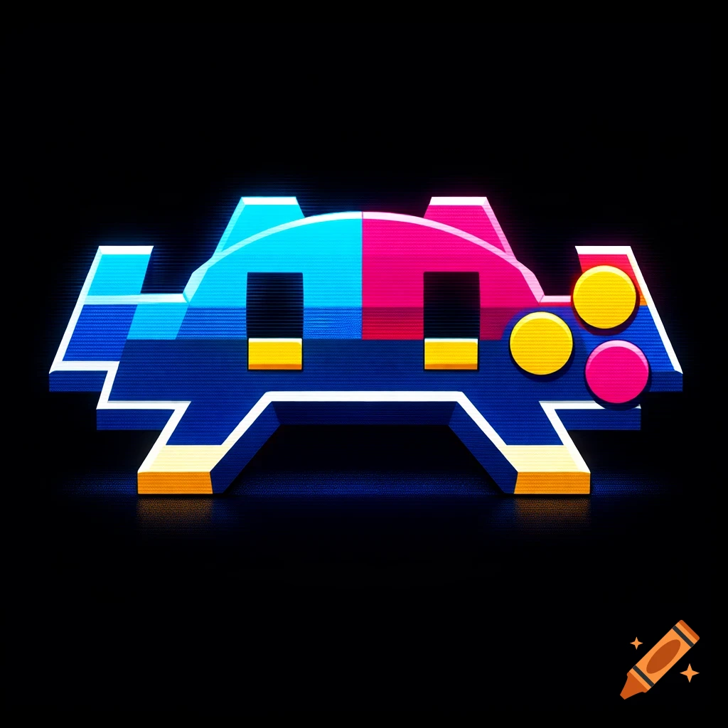 A retro pixel art alien/spaceship in blue, pink, yellow, and orange with scanline effects on a dark background.