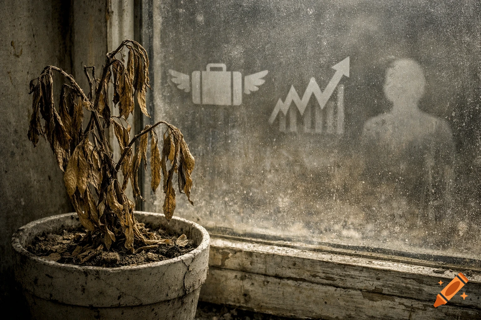 A dried-out plant in a pot by a dirty window, with icons of a winged suitcase, a rising graph, and a person's silhouette on the glass.