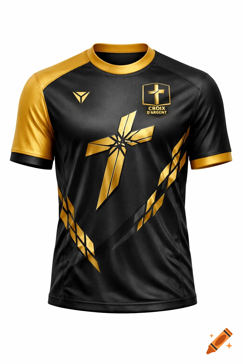 Realistic black and gold football jersey with a 'Croix d'Argent' logo and a stylized, fragmented gold cross design on the chest.