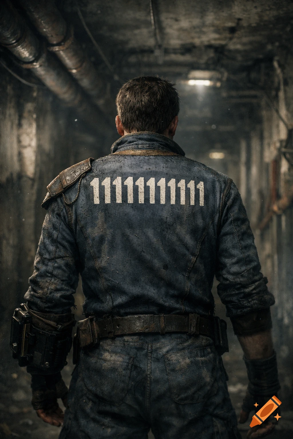 Back of a vault dweller in a dirty blue suit with '1111111111' on it, walking through a dark, pipe-filled tunnel. Photorealistic style.
