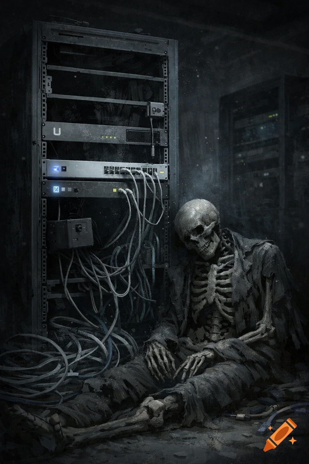 A skeleton in ragged clothes slumped against a server rack filled with cables in a dark, abandoned room, digital painting.