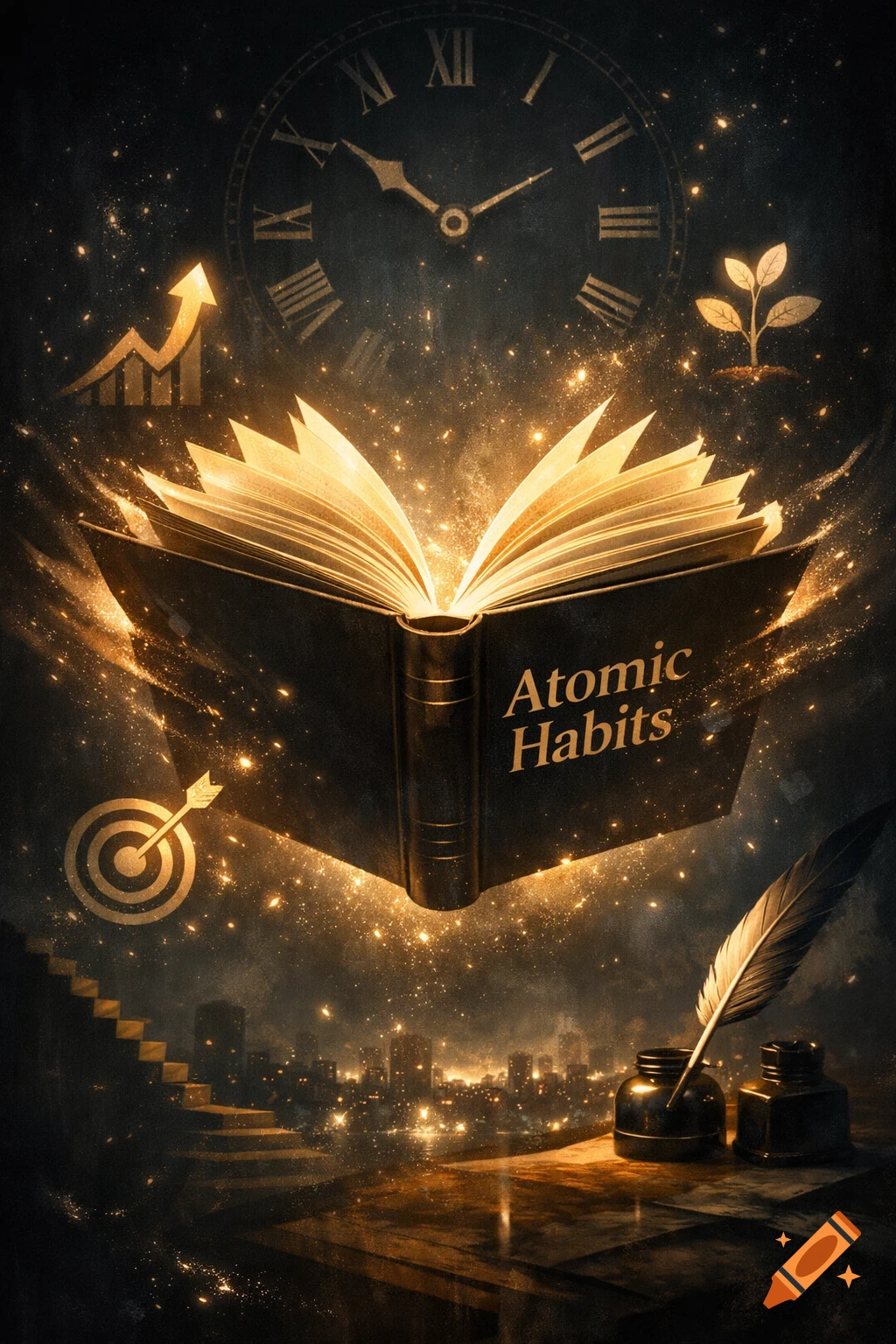 A glowing book titled 'Atomic Habits' floats above a dark cityscape, surrounded by golden motivational symbols and sparkling particles in a cinematic style.
