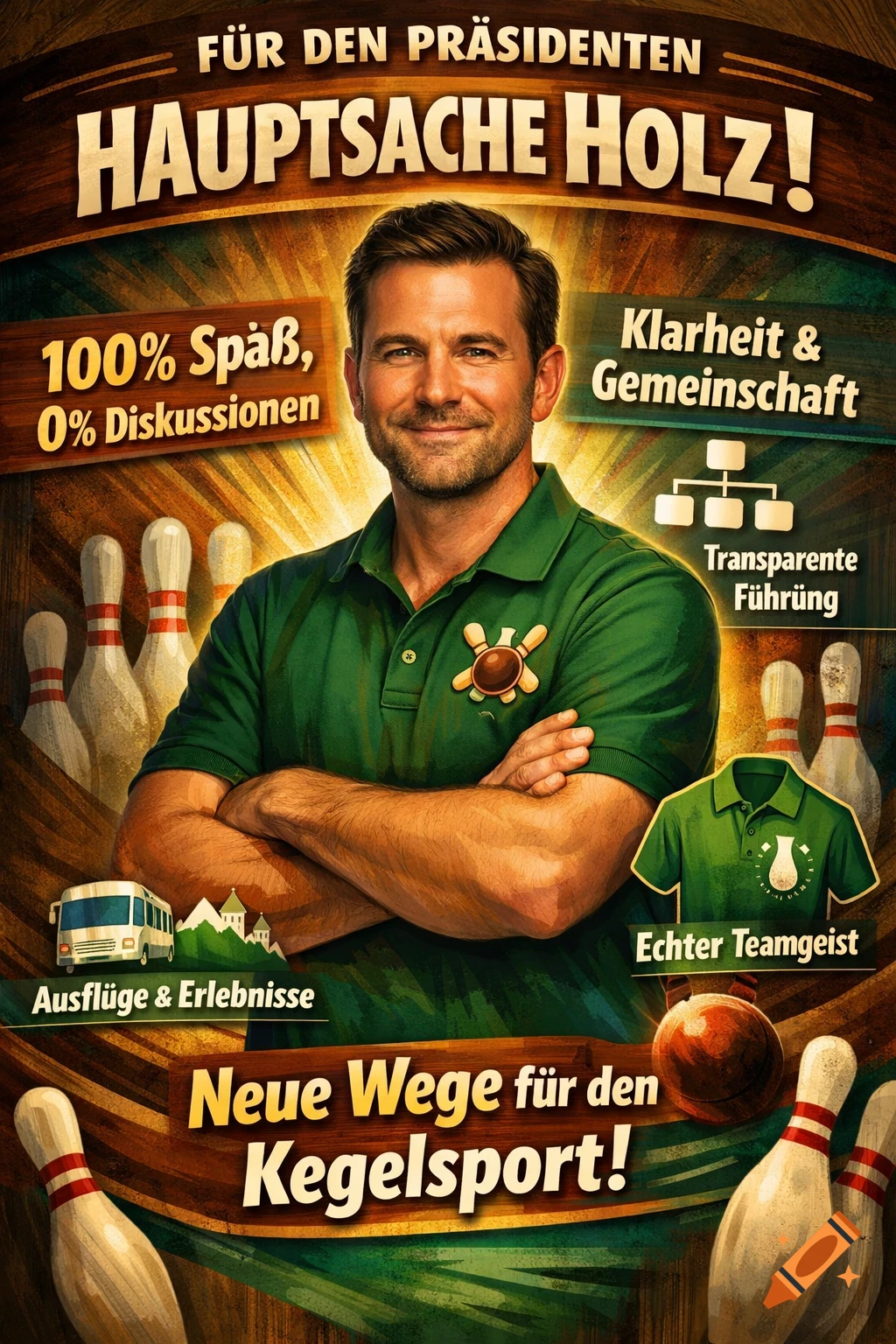 A man in a green polo shirt with crossed arms smiles on a campaign poster for a bowling club president, surrounded by text and bowling pins.