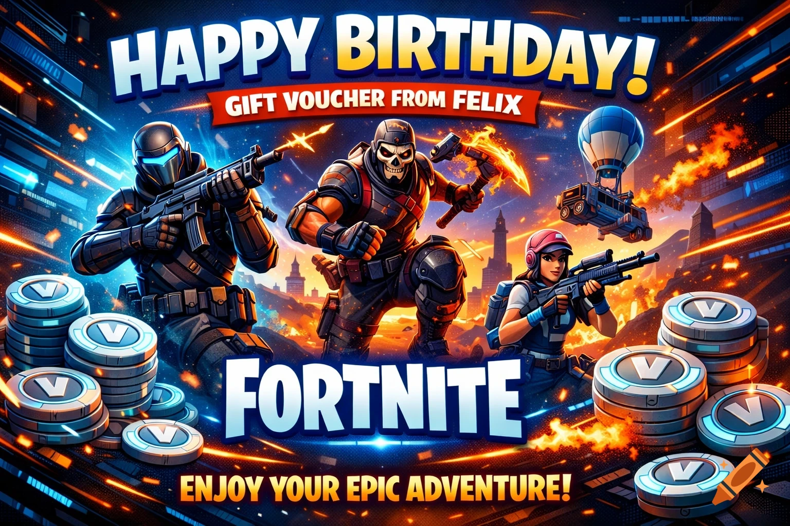 Fortnite birthday voucher with characters in combat gear, V-bucks, a battle bus, and futuristic cityscape, vibrant and dynamic.