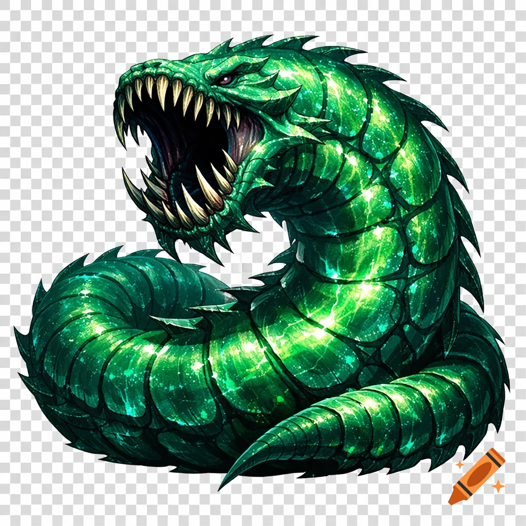 A vibrant green, spiky fantasy deathworm with an open mouth and sharp teeth, in a game logo style on a transparent background.