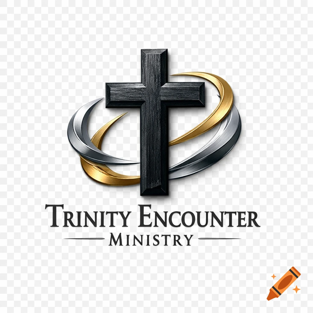 A 3D black wooden cross entwined with gold and silver metallic rings, above the text 'Trinity Encounter Ministry' on a transparent background.