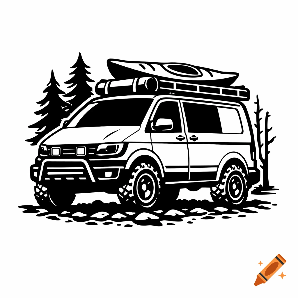 Black-and-white vector logo of an off-road van with a kayak on its roof rack, parked on gravel with pine trees in the background.