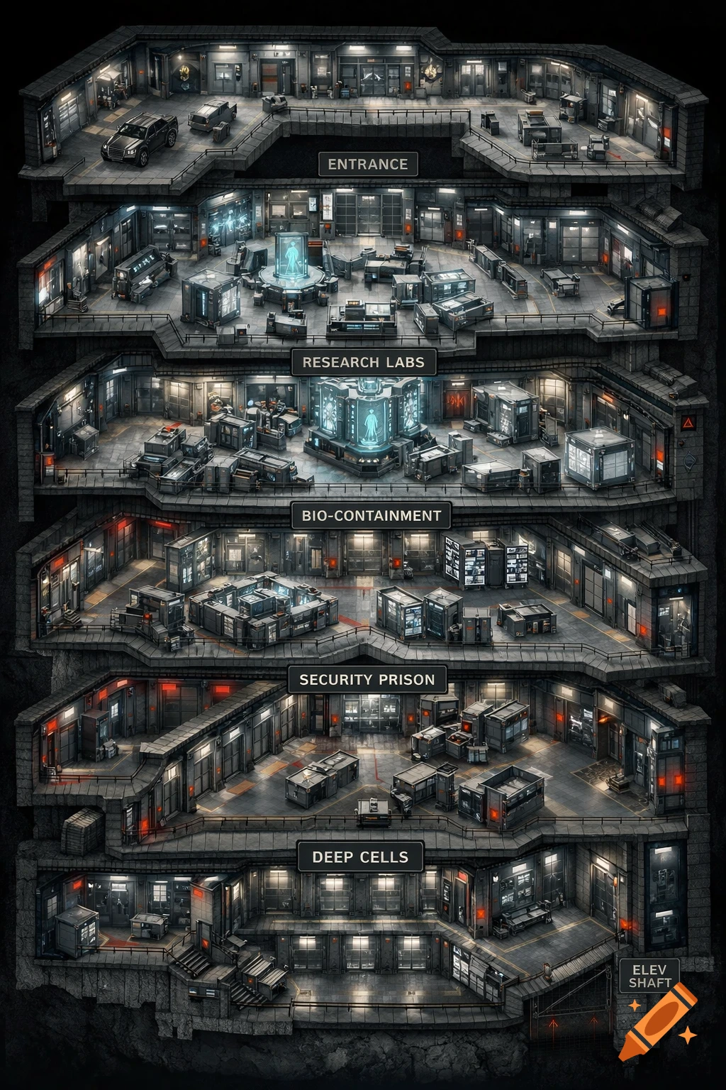 An isometric cross-section map of a multi-level underground sci-fi secret base with labs, bio-containment, and a prison.