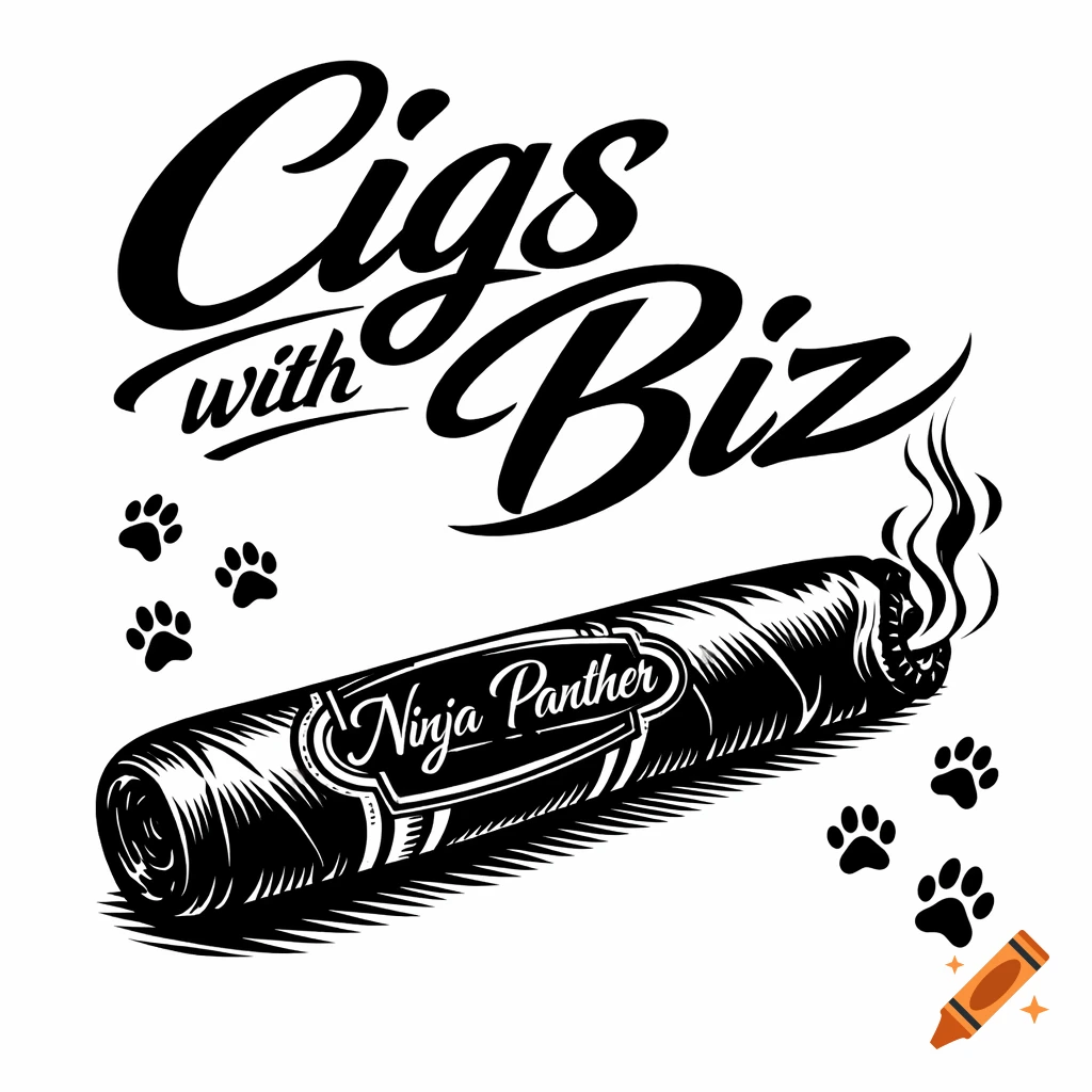 Black and white illustration featuring "Cigs with Biz" text above a smoking cigar with a "Ninja Panther" band, surrounded by paw prints.
