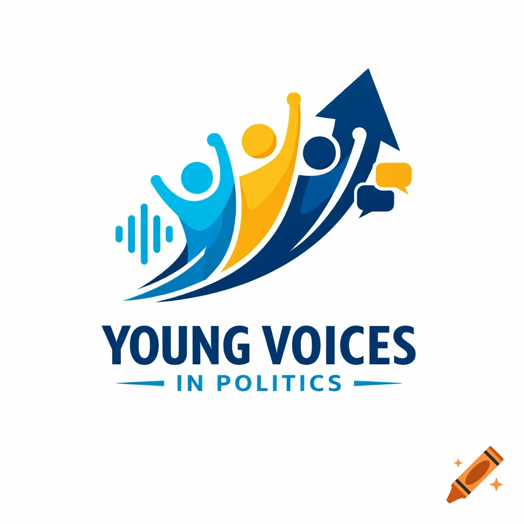 Logo for Young Voices in Politics featuring abstract figures, an upward arrow, sound waves, and speech bubbles.
