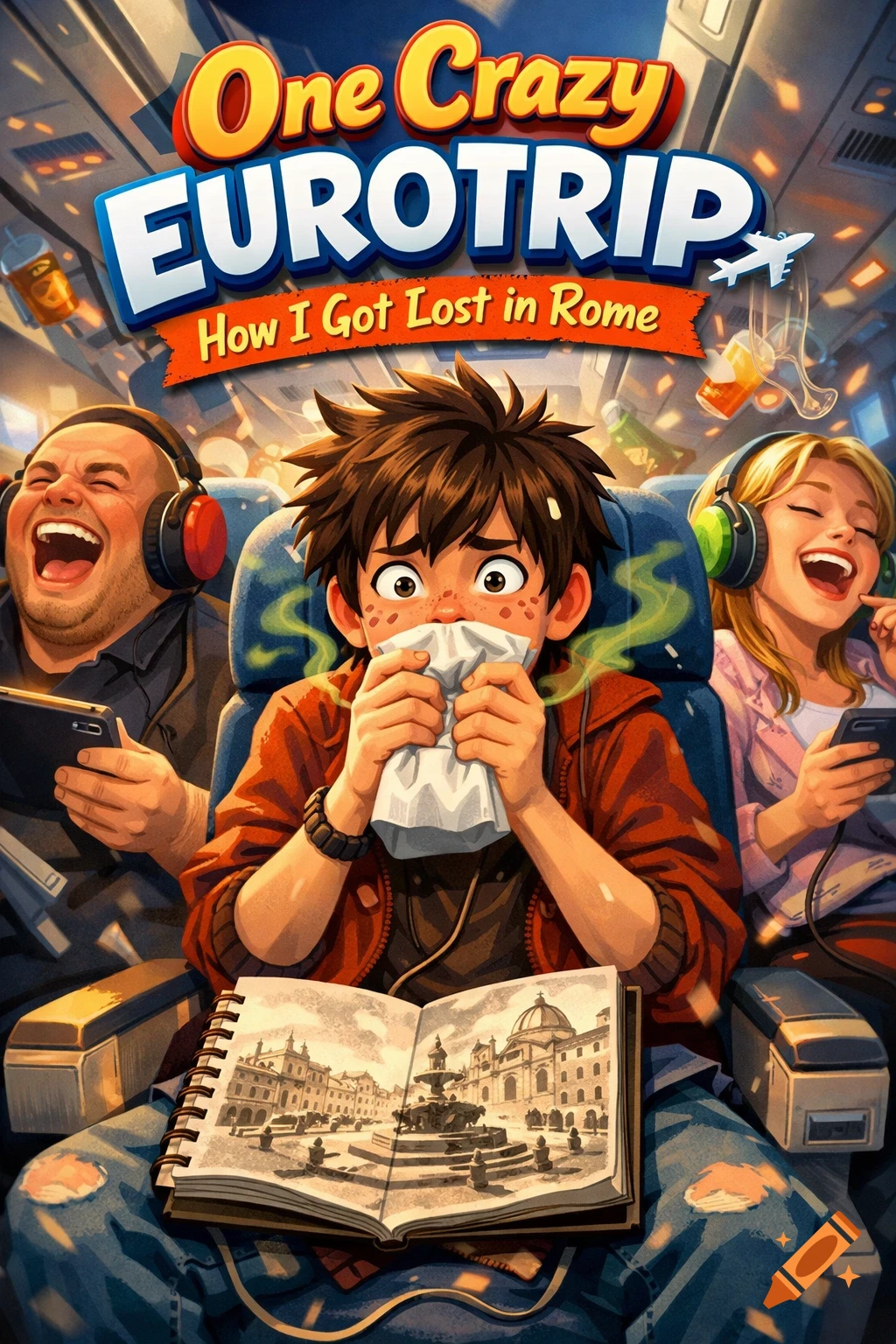 A vibrant anime-style illustration of a boy looking sick on an airplane, holding a paper bag, while passengers beside him laugh. An open sketchbook with a drawing of an Italian plaza rests on his lap. The title "One Crazy Eurotrip: How I Got Lost in Rome" is at the top.