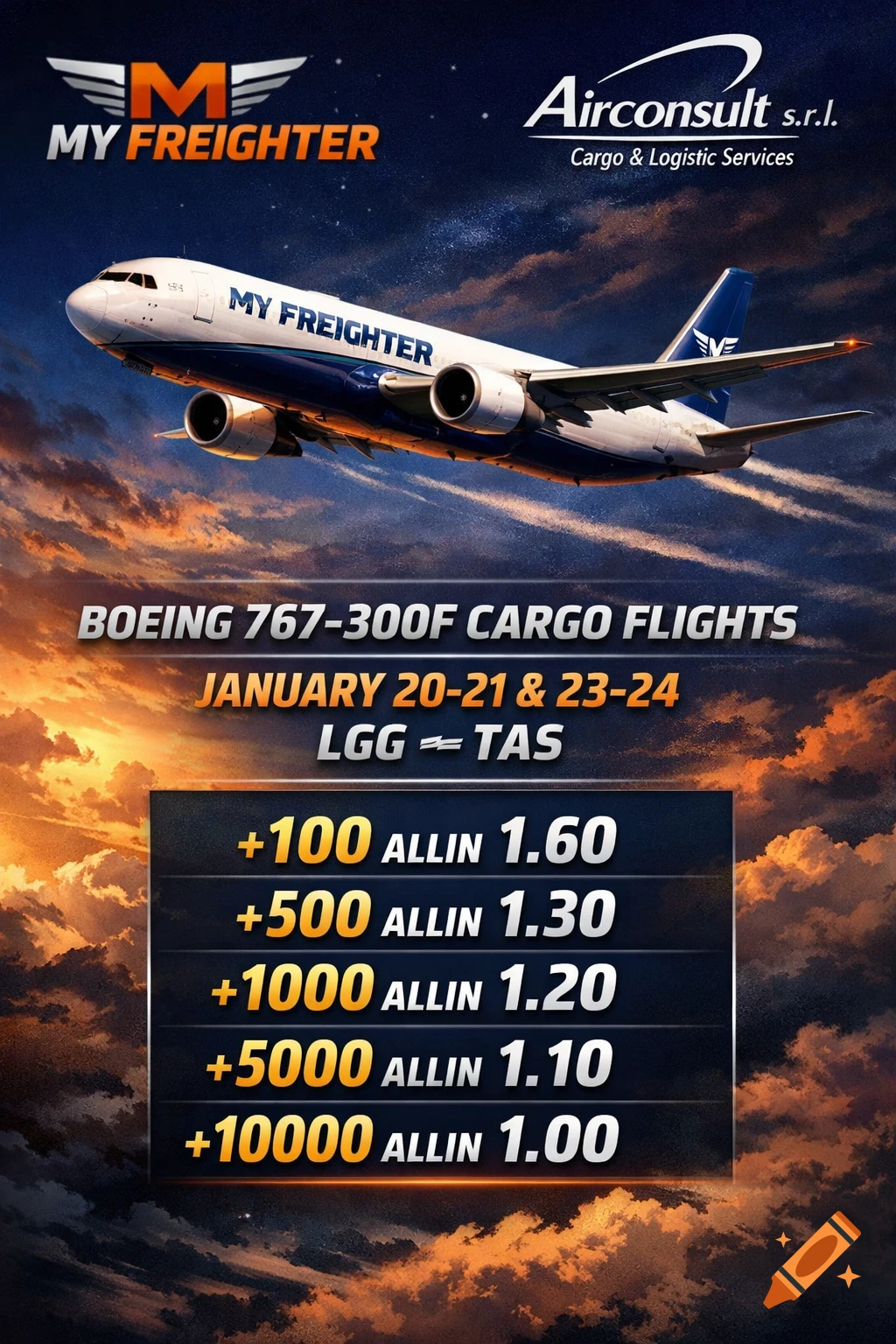 An advertisement for My Freighter and Airconsult s.r.l. cargo flights, featuring a Boeing 767-300F against a sunset sky with flight details and rates.
