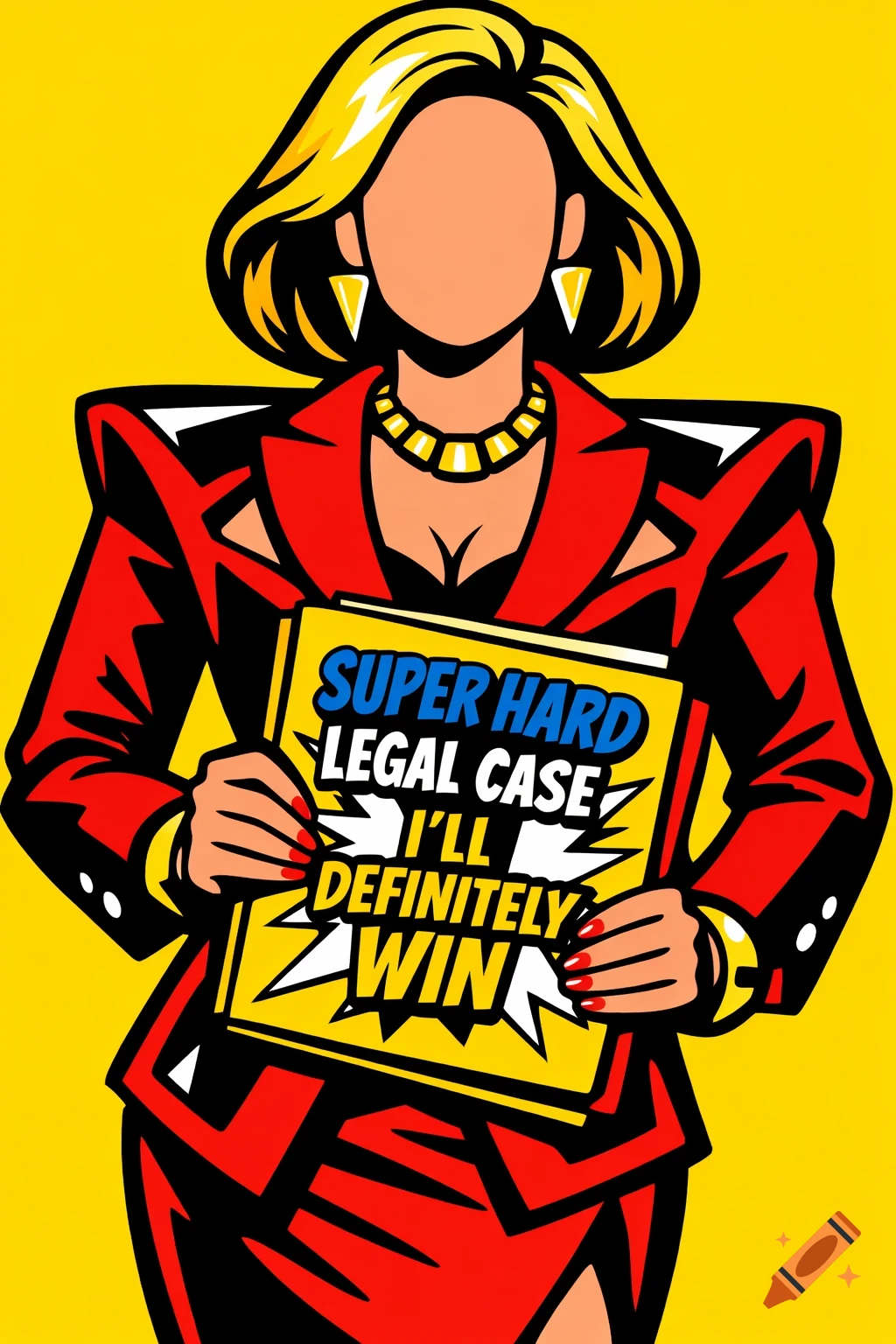 Pop art illustration of a faceless woman in a red power suit holding a legal folio that reads 'SUPER HARD LEGAL CASE I'LL DEFINITELY WIN'.