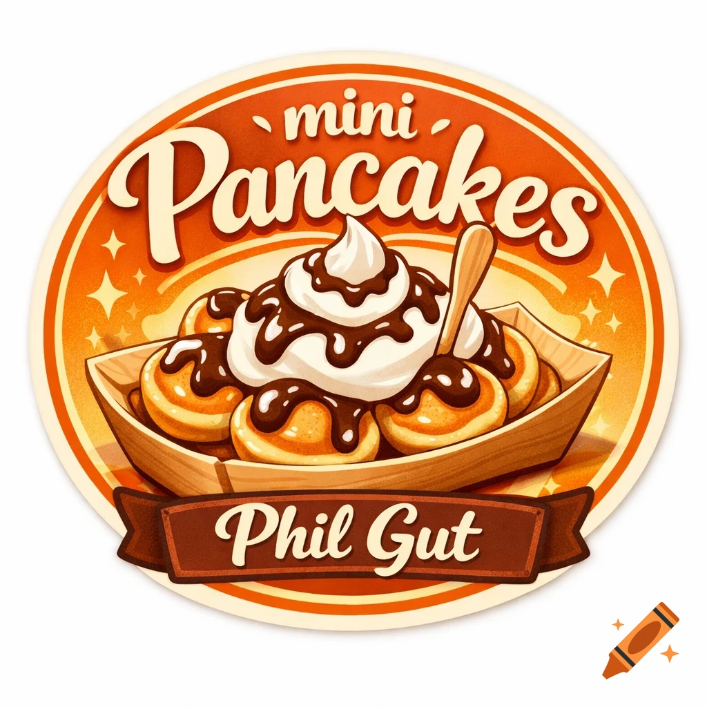 A round, warm-colored sticker illustration featuring mini pancakes with whipped cream and chocolate in a wooden tray, with text 'mini Pancakes Phil Gut'.