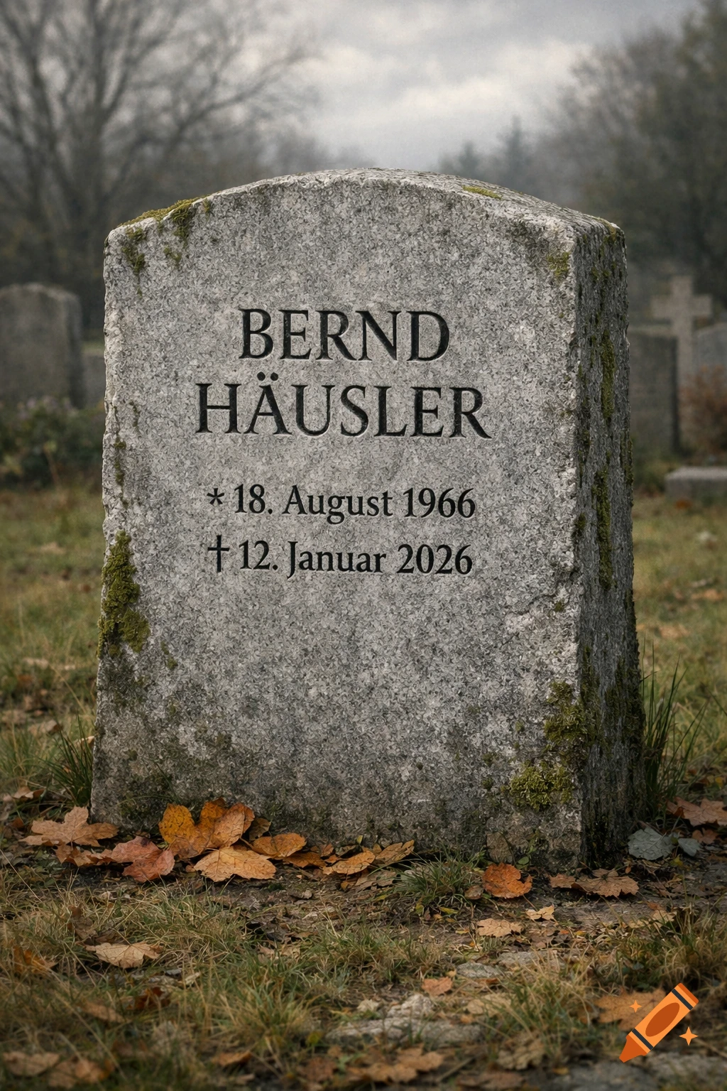 A realistic photo of a moss-covered grey tombstone in a cemetery with the name Bernd Häusler and dates 1966-2026.
