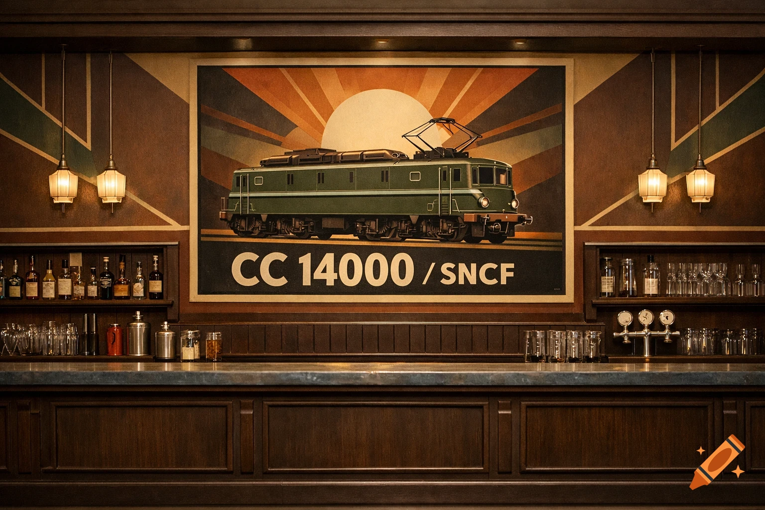 Art Deco bar interior with a large retro poster of a green train (CC 14000 / SNCF) above a wooden counter.