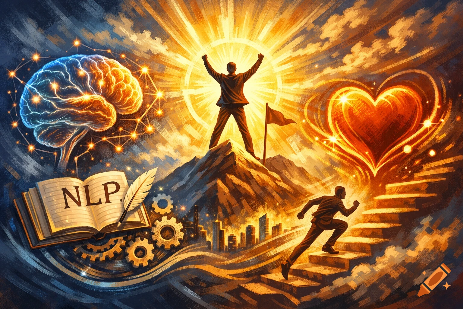 Vibrant symbolic digital art showing a man on a mountain, another climbing stairs, a glowing brain, heart, and a book with 'NLP'.