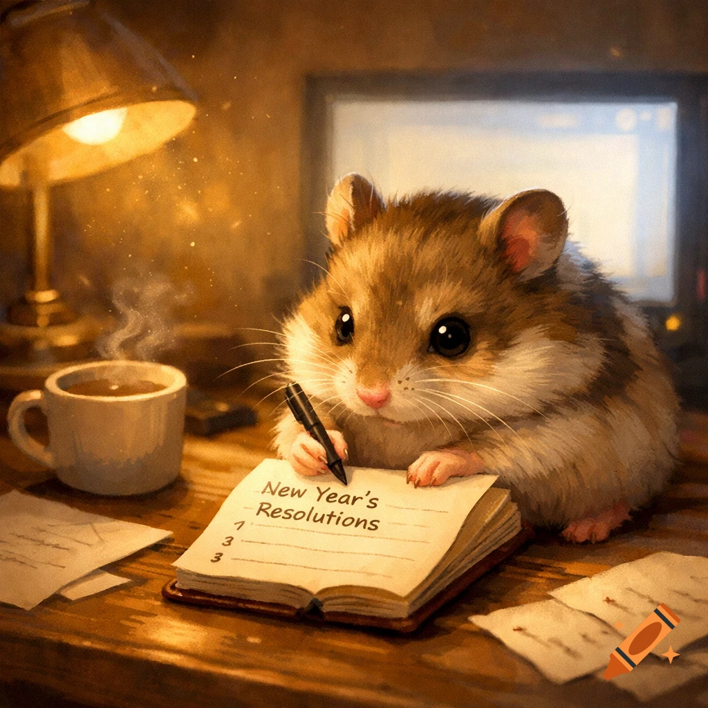 A cute, fluffy hamster sits at a warmly lit desk, writing 'New Year's Resolutions' in a notebook with a pen.