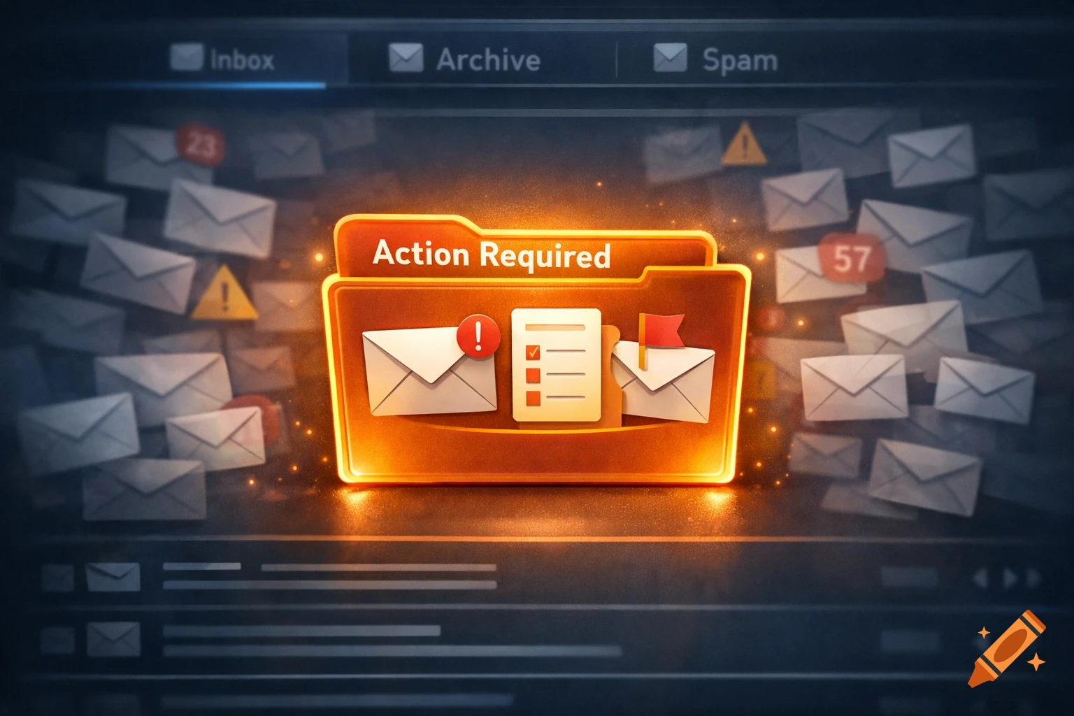 An orange folder labeled 'Action Required' with email and checklist icons, centered on a dark digital email interface background with many envelopes.