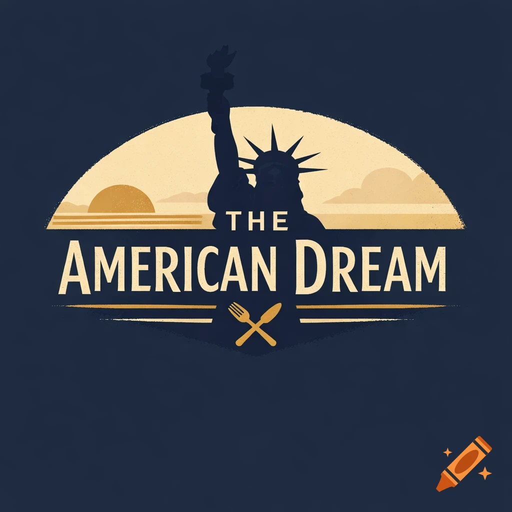 A retro-style logo for "THE AMERICAN DREAM" restaurant, featuring a silhouette of the Statue of Liberty against a sunset, with crossed fork and knife below.