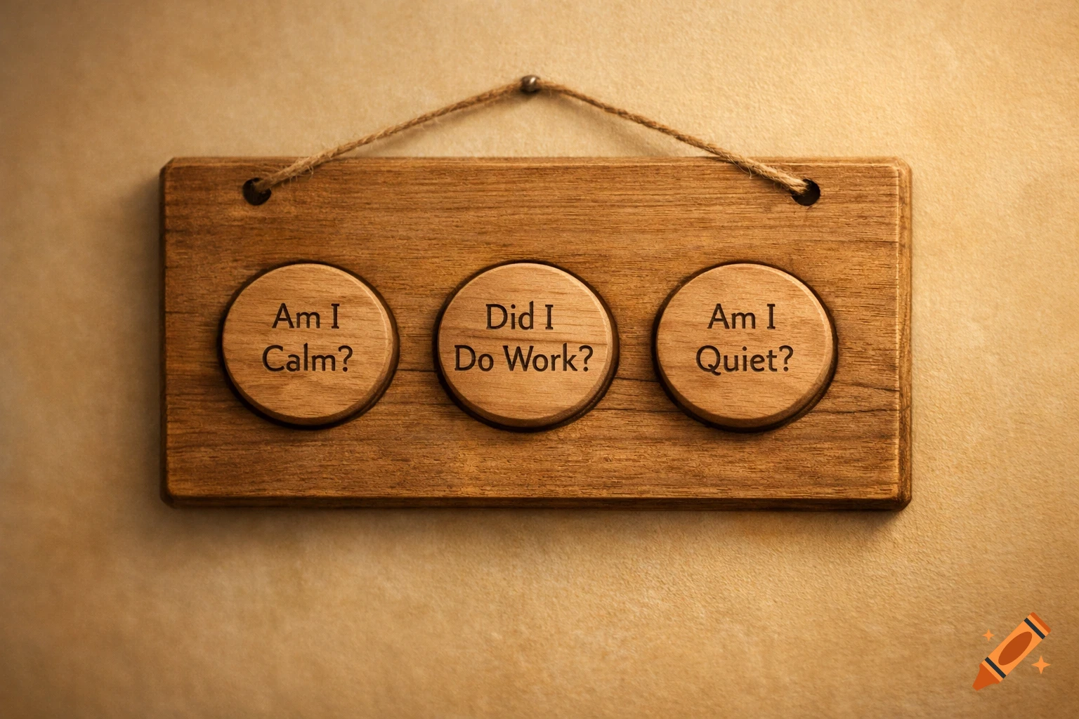 A wooden sign with three circular inlays, each asking a question: "Am I Calm?", "Did I Do Work?", and "Am I Quiet?". It hangs on a textured wall.