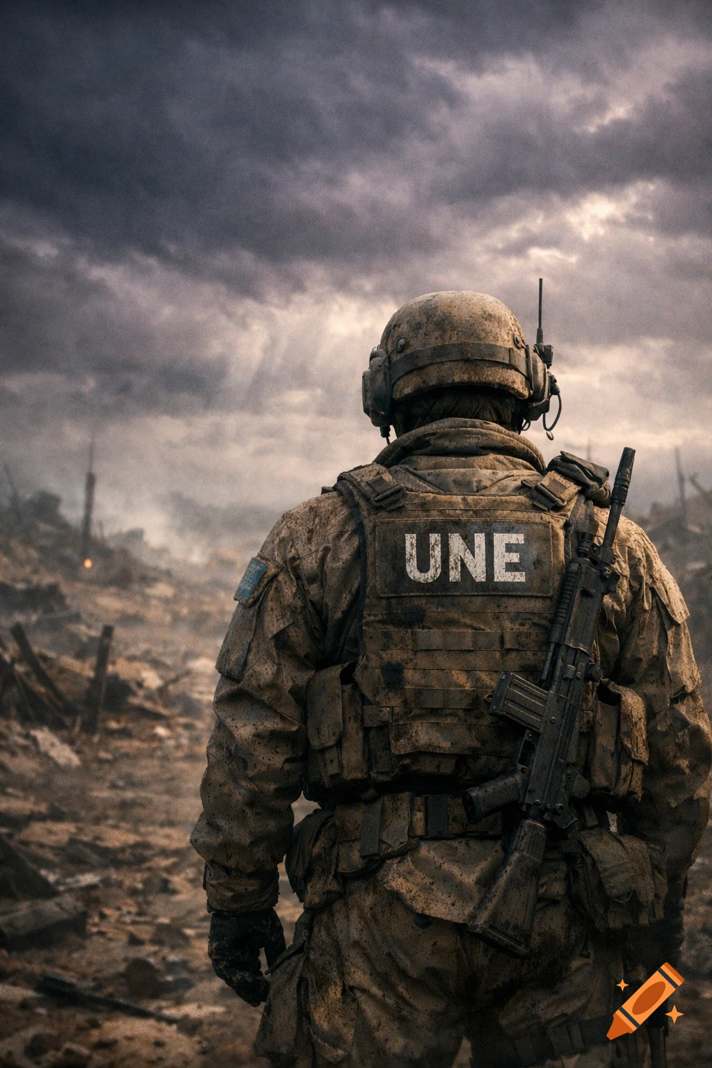 A soldier in camouflage uniform with "UNE" on the back, holding a rifle, stands facing a desolate, war-torn landscape under a stormy sky.