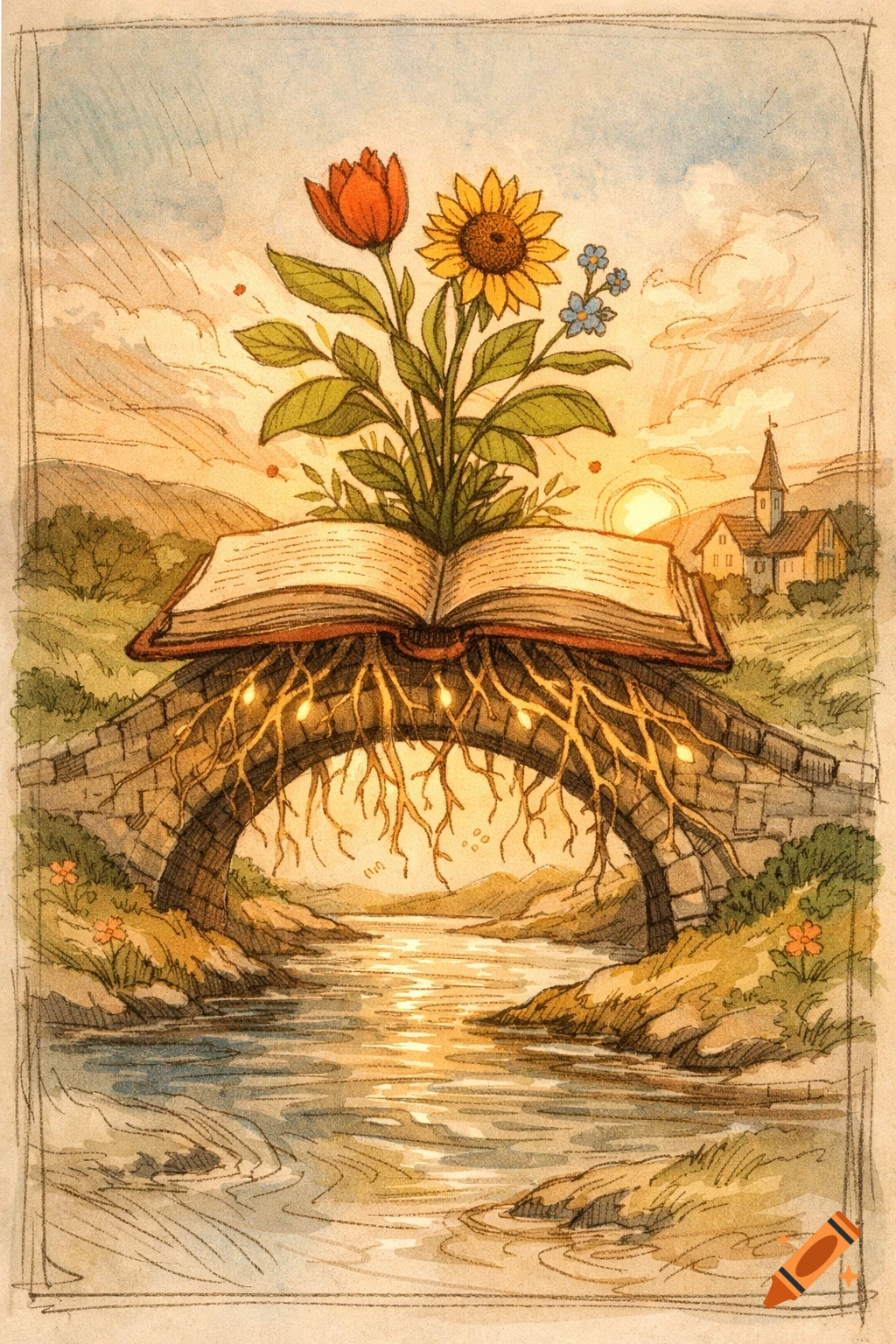 Watercolor illustration of an open book with flowers growing from it, resting on a stone bridge over a river, with a village at sunset.