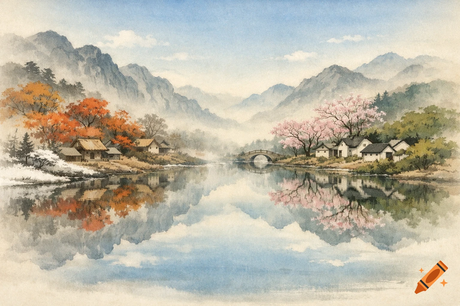 Watercolor painting of a tranquil mountain village beside a lake ...