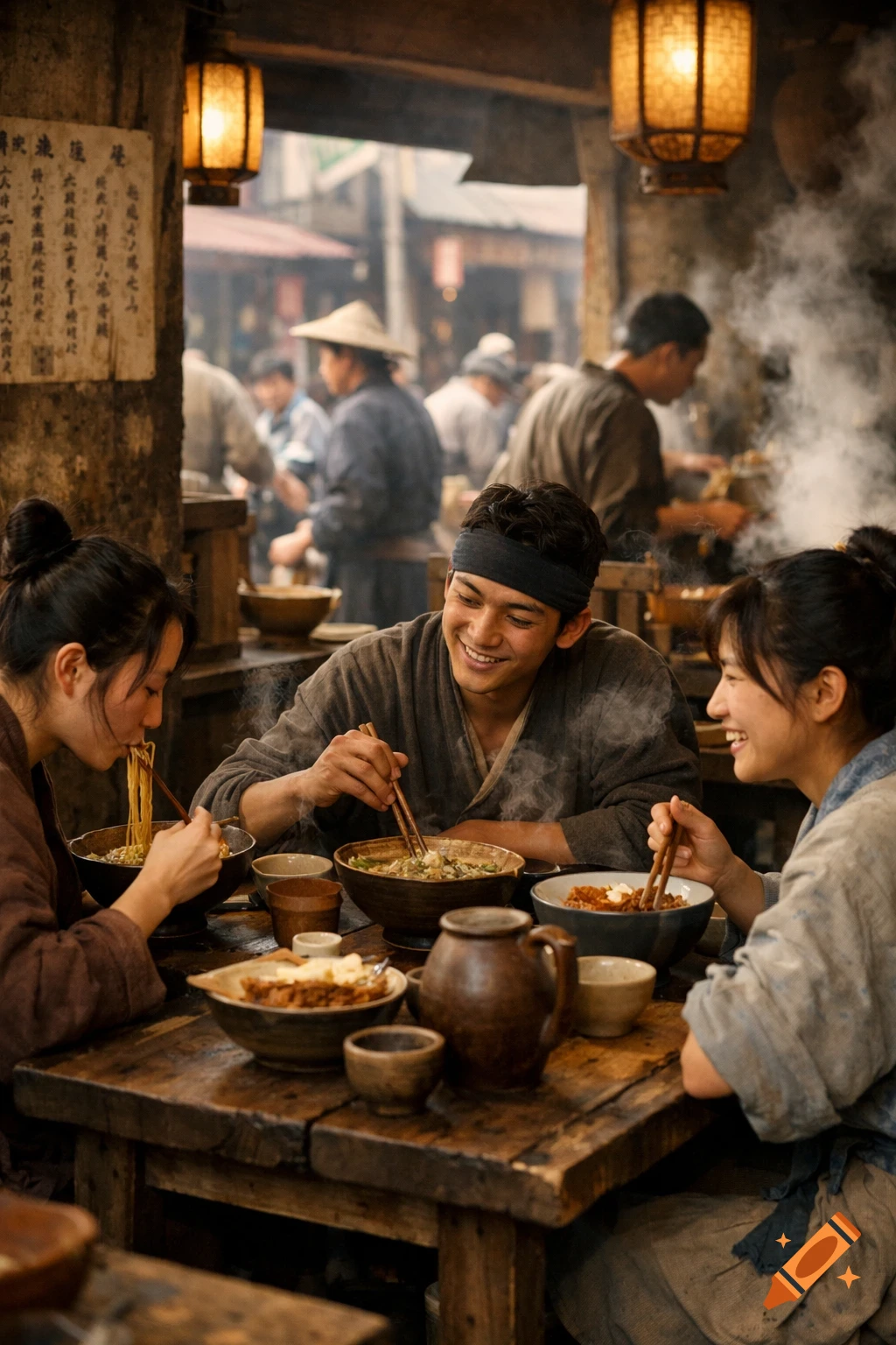Three smiling people eat noodles at a rustic wooden table in a bustling, steamy Ming dynasty eatery.