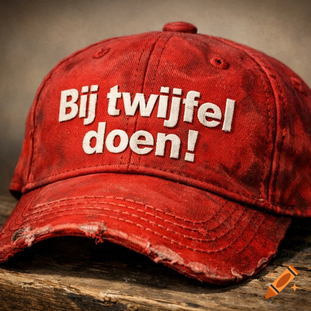 A close-up of a distressed red baseball cap with white embroidered text "Bij twijfel doen!" on the front, resting on a wooden surface.