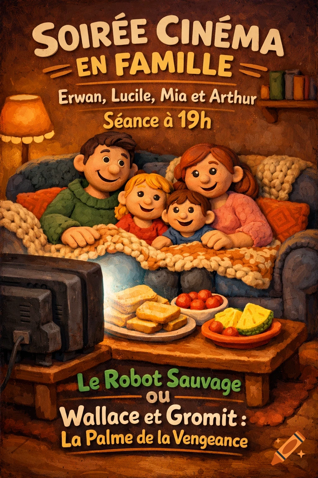A claymation-style image of a family (two adults, two children) watching TV on a sofa, with snacks on a table. The text announces a family movie night featuring "Wallace et Gromit".