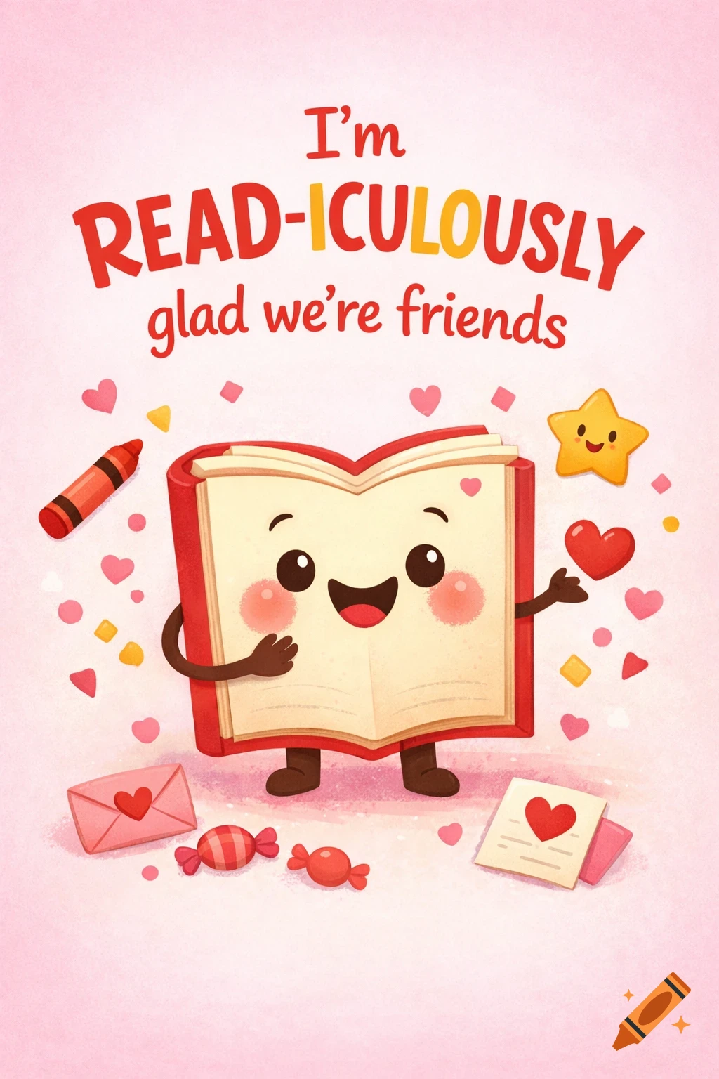 Whimsical cartoon valentine card with a smiling book character, hearts, candy, and the text 'I'm READ-ICULOUSLY glad we're friends'.