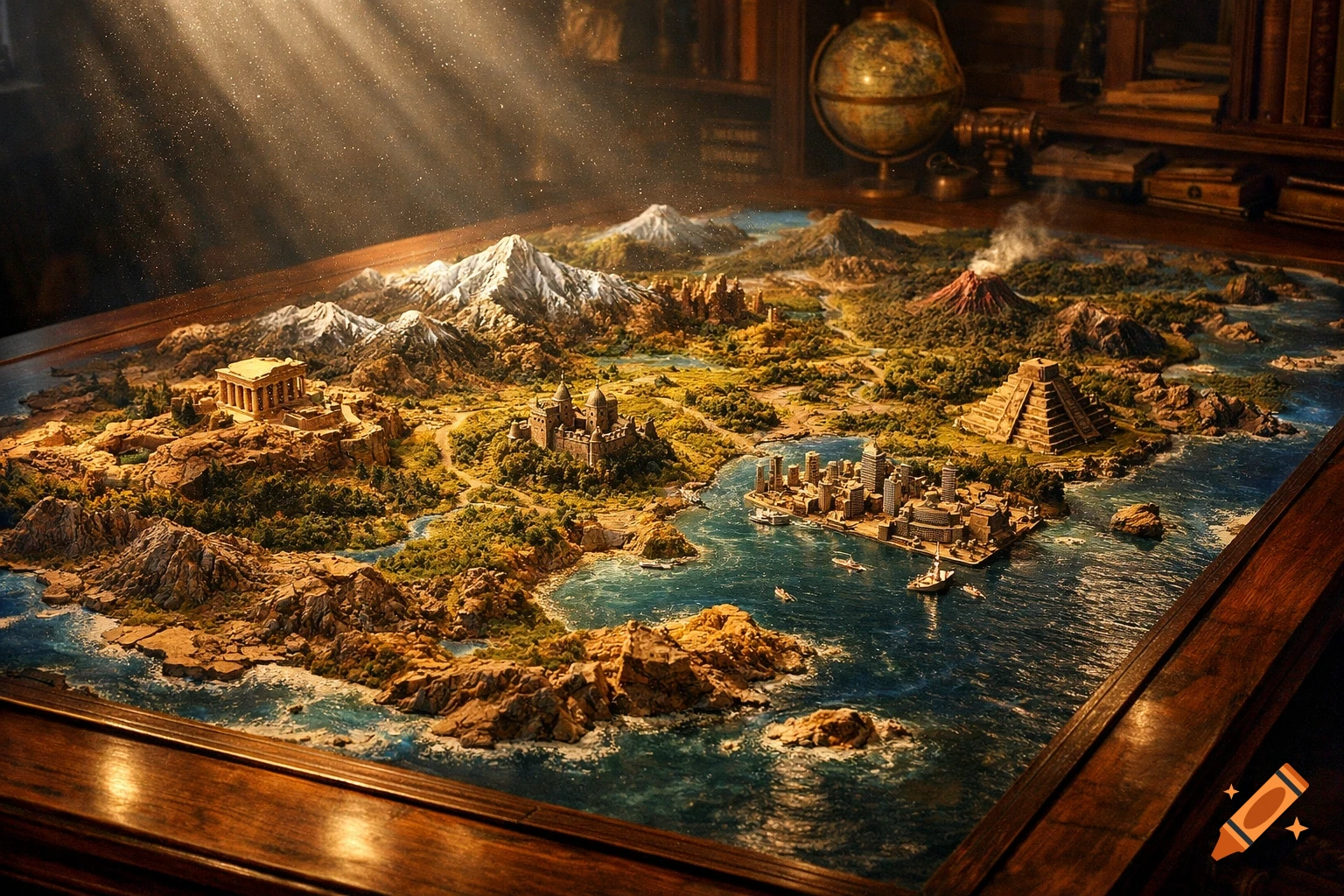 Detailed miniature map diorama with mountains, rivers, coastline, a city, castle, ancient temple, pyramid, and volcano on a wooden table.