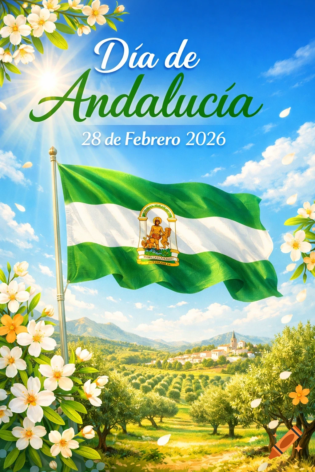 Vibrant poster for D 0xeda de Andaluc 0xeda with the Andalusian flag, flowers, and a sunny landscape of olive groves and a village.
