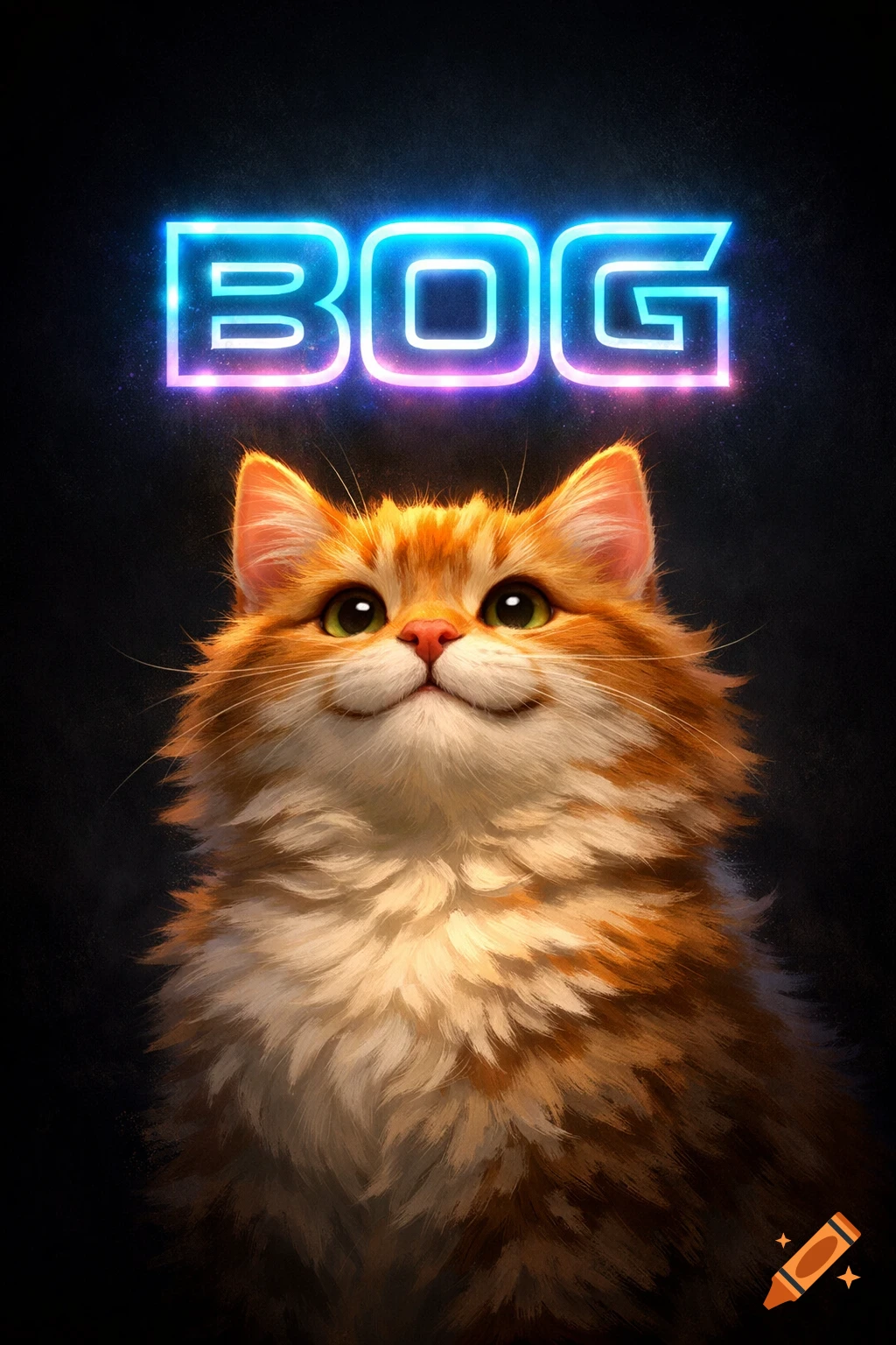 A fluffy orange and white cat with green eyes looks up at the glowing neon pink and blue word "BOG" on a dark background.