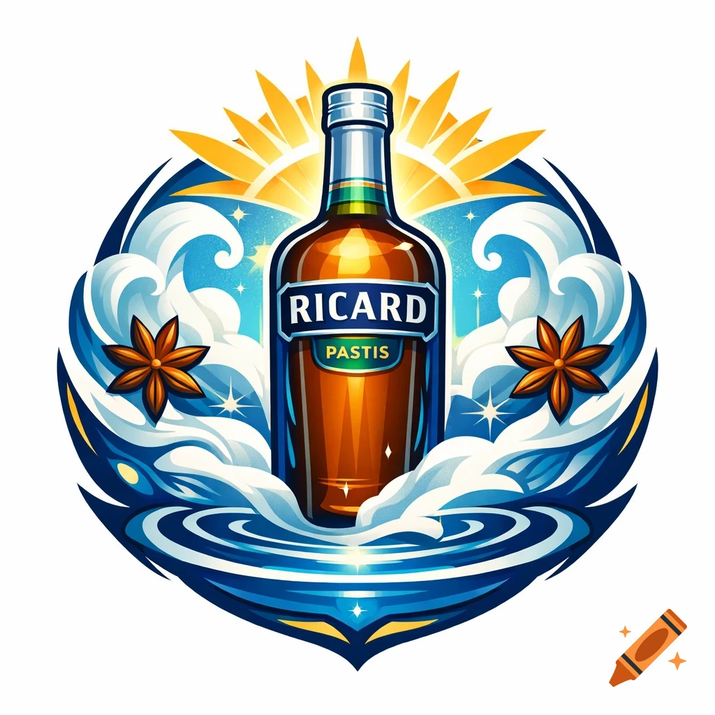 Stylized emblem with a Ricard pastis bottle, sun rays, blue waves, and two star anise pods on a white background.