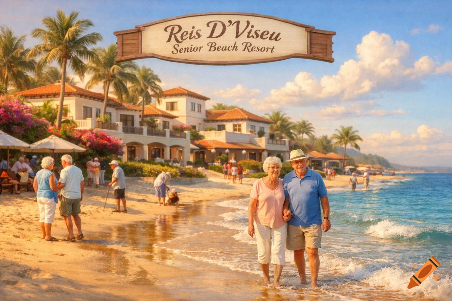 An elderly couple walks hand-in-hand in the ocean waves on a sunny beach, with a resort and palm trees in the background and a sign for 'Reis D'Viseu Senior Beach Resort'.