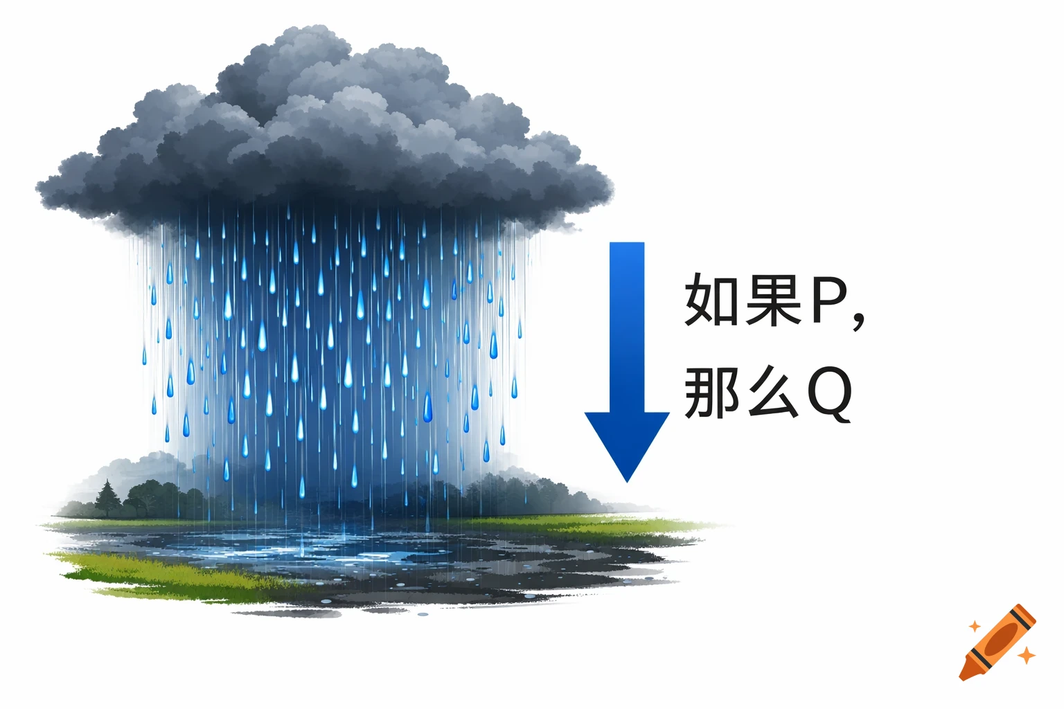 Illustration of a dark rain cloud pouring blue rain onto wet ground, with a blue arrow and Chinese text '如果P, 那么Q'.