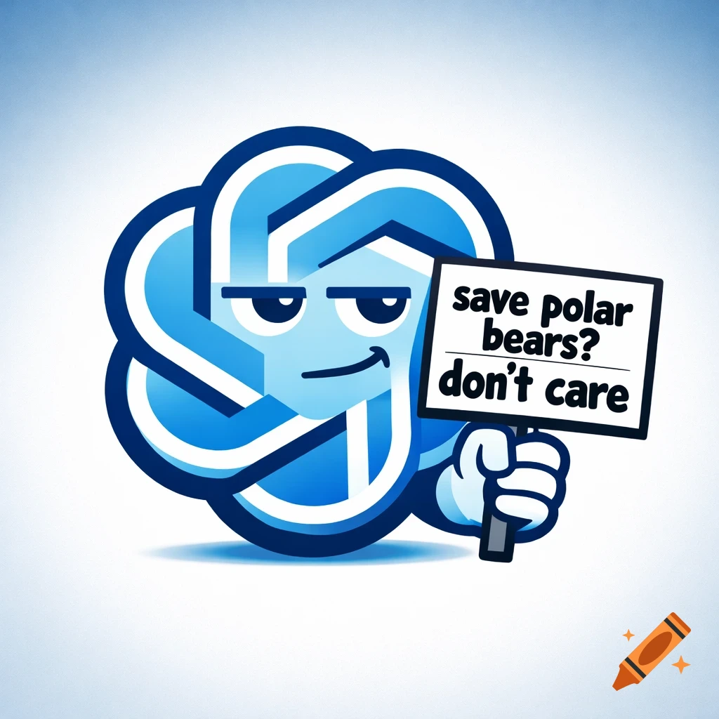 A cartoon ChatGPT logo with a face holds a sign saying "save polar bears? don't care" on a white and blue background.