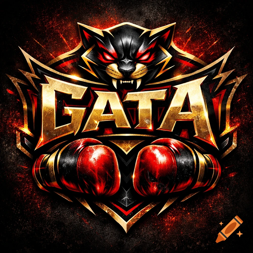A dynamic black cat boxing logo with red eyes, sharp teeth, golden 'GATA' text, and red boxing gloves on a fiery dark background.