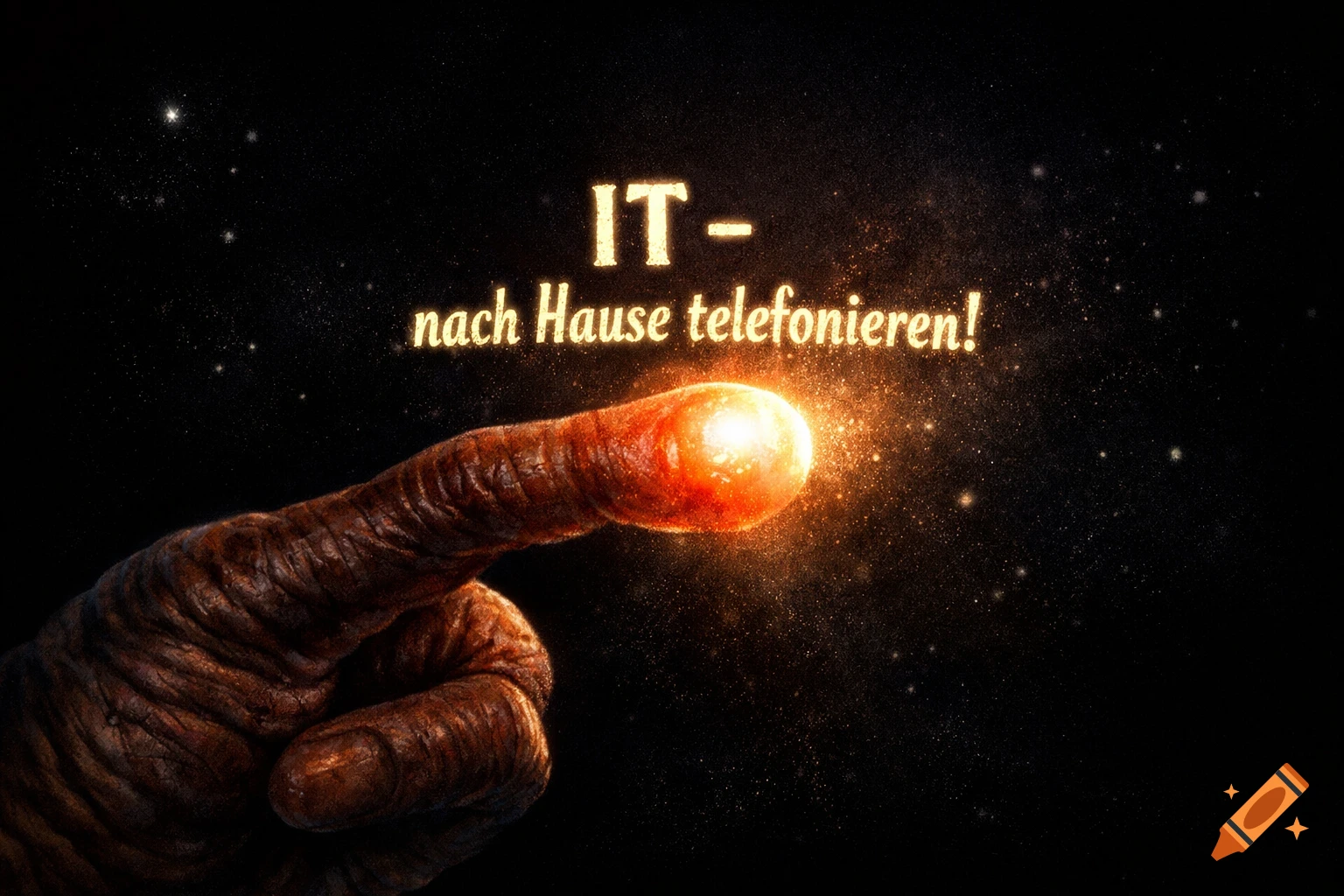 ET's finger with a glowing tip against a starry night sky, with the text 'IT- nach Hause telefonieren!'.